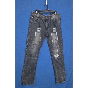 Trillnation Mens Moto Biker Distressed Acid‎ Wash Black Jeans 34x32 TND139